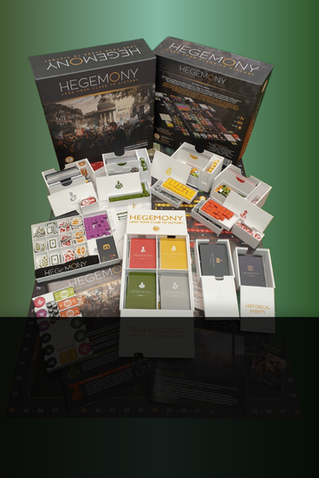 Hegemony board game components including cards, pieces, and box neatly organized in a RiverCross Diorama insert on a blue background