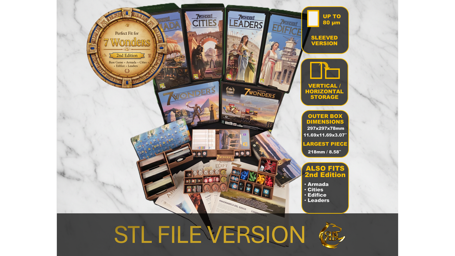 3D Printable Organizer for 7 Wonders Second Edition + Armada + Cities + Edifice + Leaders - STL File to 3D print