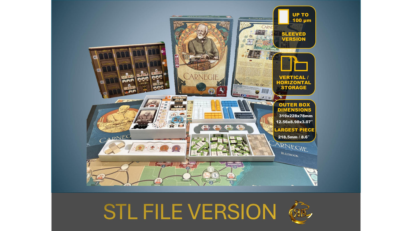Carnegie Board Game Organizer - Board game Insert - SLEEVED Version - STL file for 3D Printing