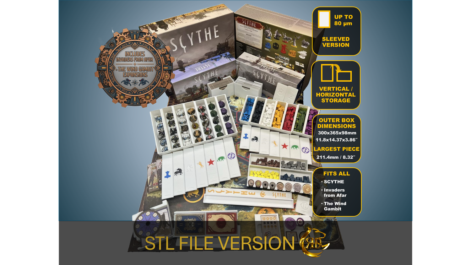 Scythe + Invaders From Afar + The Wind Gambit Expansions Board Game Insert STL FILE to print