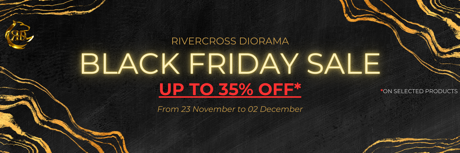 Black Friday sale banner for RiverCross Diorama with promotional text on a dark background.