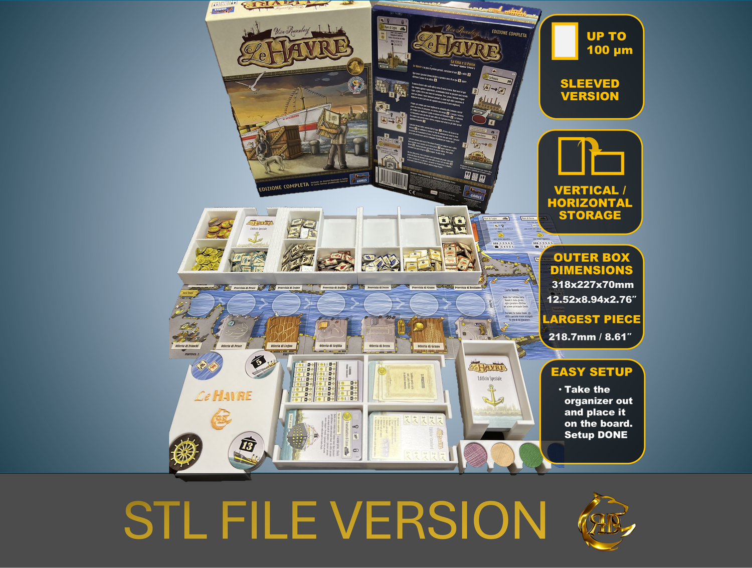 Le Havre Brettspiel-Organizer | Version mit Schutzhüllen (STL-Datei)