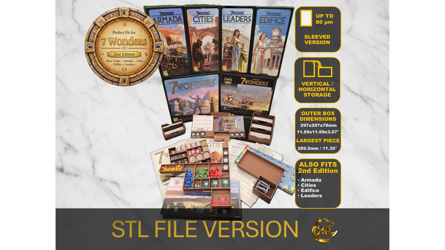 3D Printable Organizer for 7 Wonders Second Edition + Armada + Cities + Edifice + Leaders - STL File to 3D print
